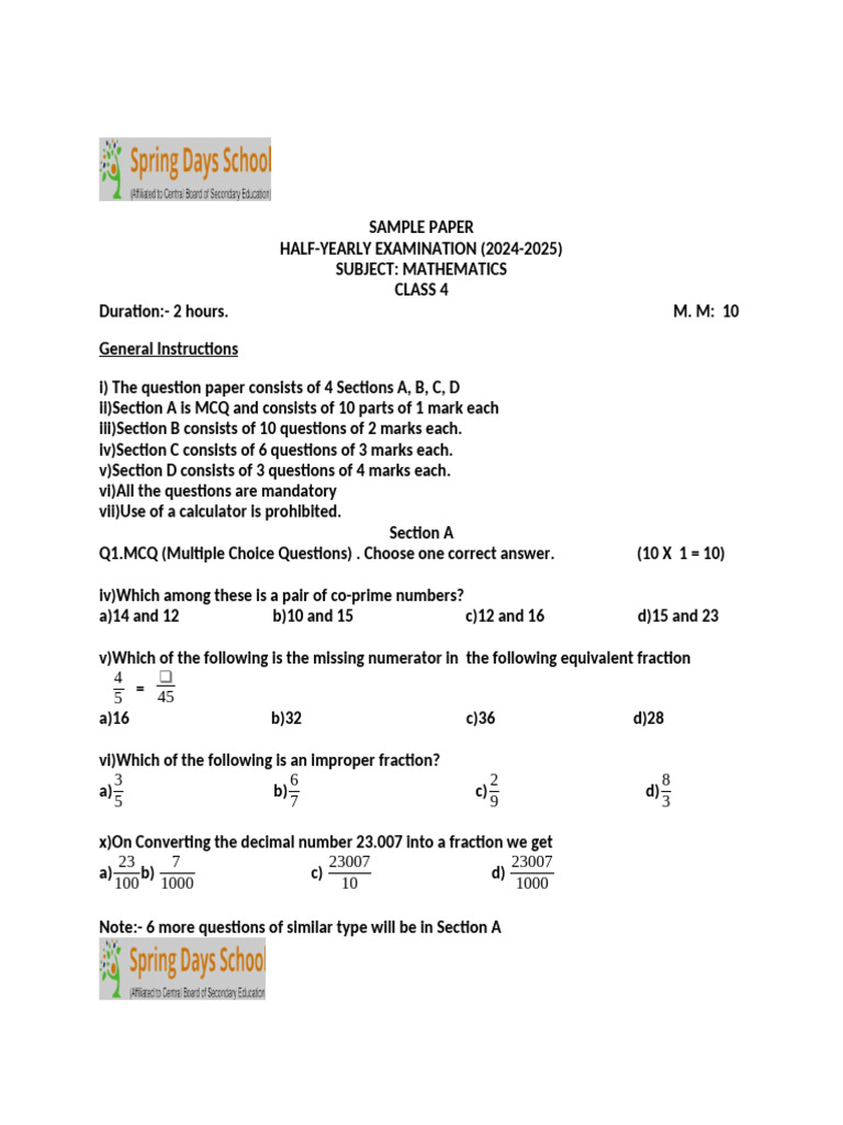 Sample PaperClass4 Maths HalfyearlyExam | PDF | Multiple Choice ...