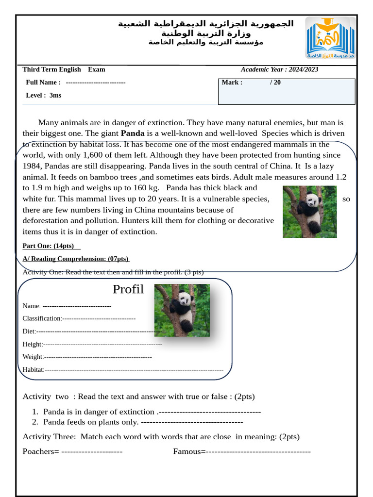 Third Term English Exam 3ms Academic Year | PDF | Giant Panda | Hunting
