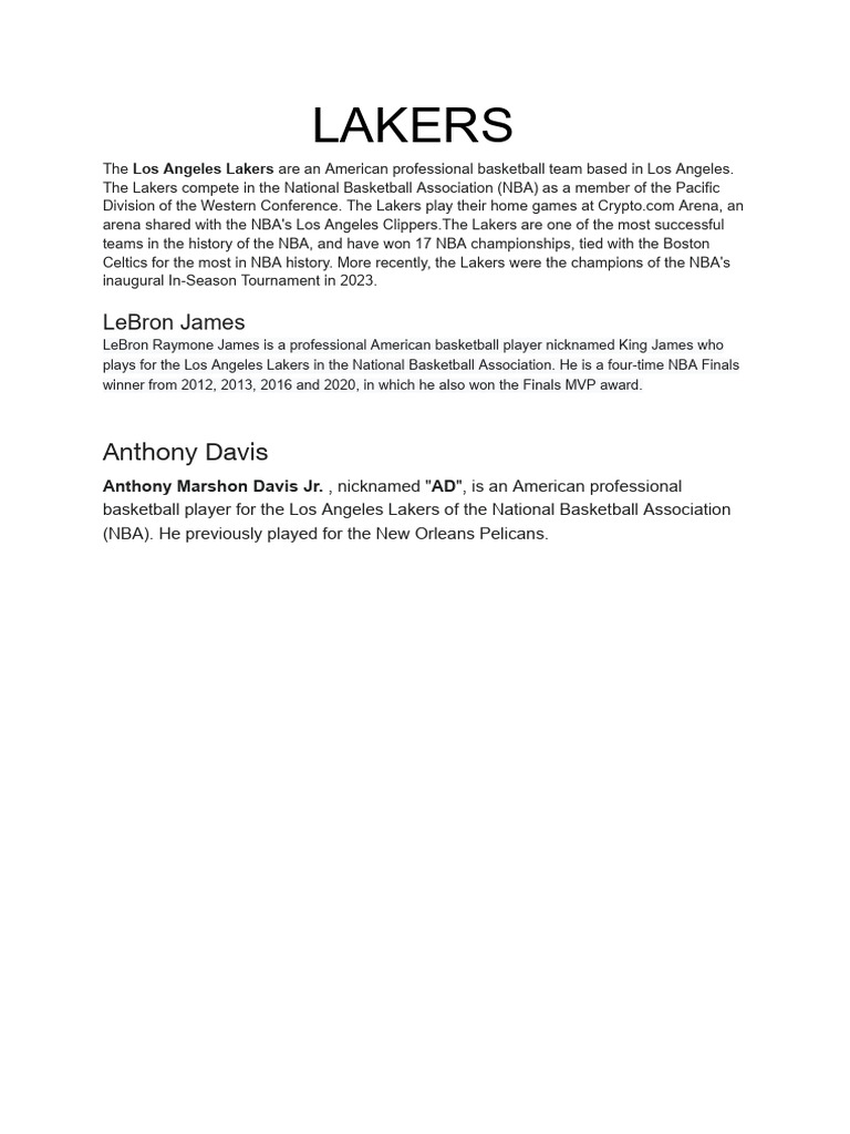 Los Angeles Lakers: NBA Champions Overview | PDF