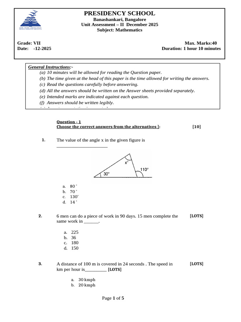 Grade VII Mathematics Unit Assessment | PDF | Perpendicular | Geometry