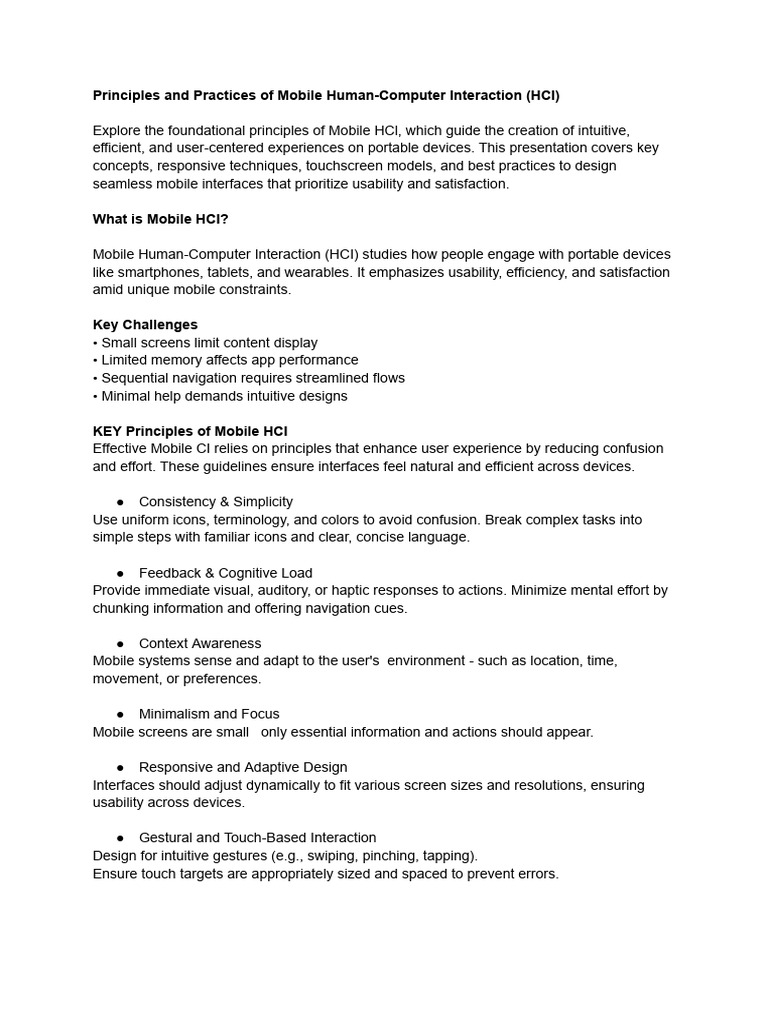 Principles and Practices of Mobile Human Computer Interaction HCI | PDF ...