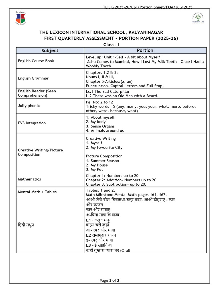 TLISK Cl-I FQA Portion Paper July 2025-26 | PDF