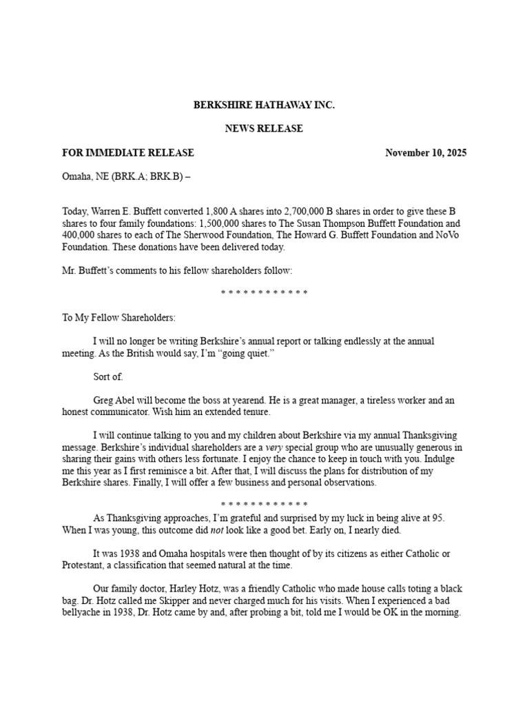 Buffett's Final Thanksgiving Letter 2025 | PDF | Warren Buffett