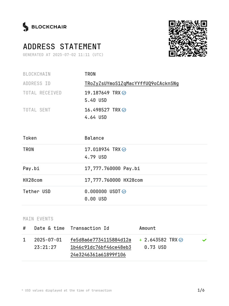 TRON Address Statement Summary | PDF