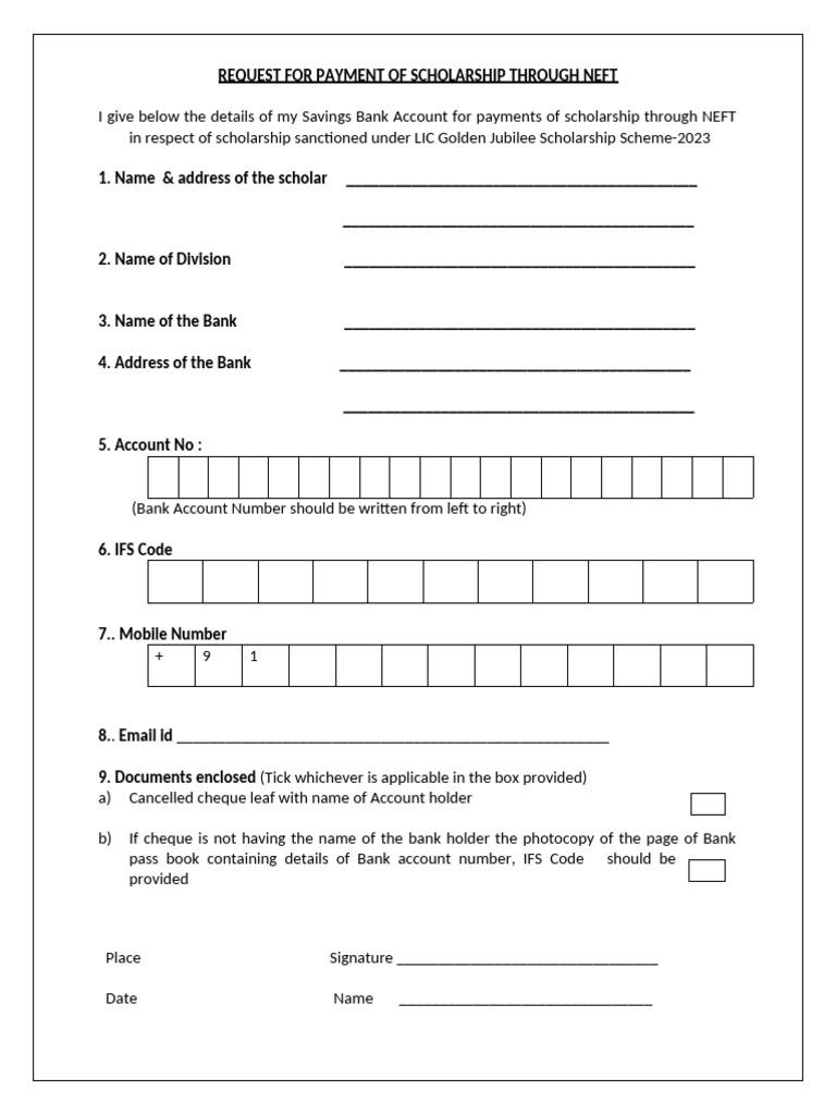 NEFT Form For Scholarship | PDF