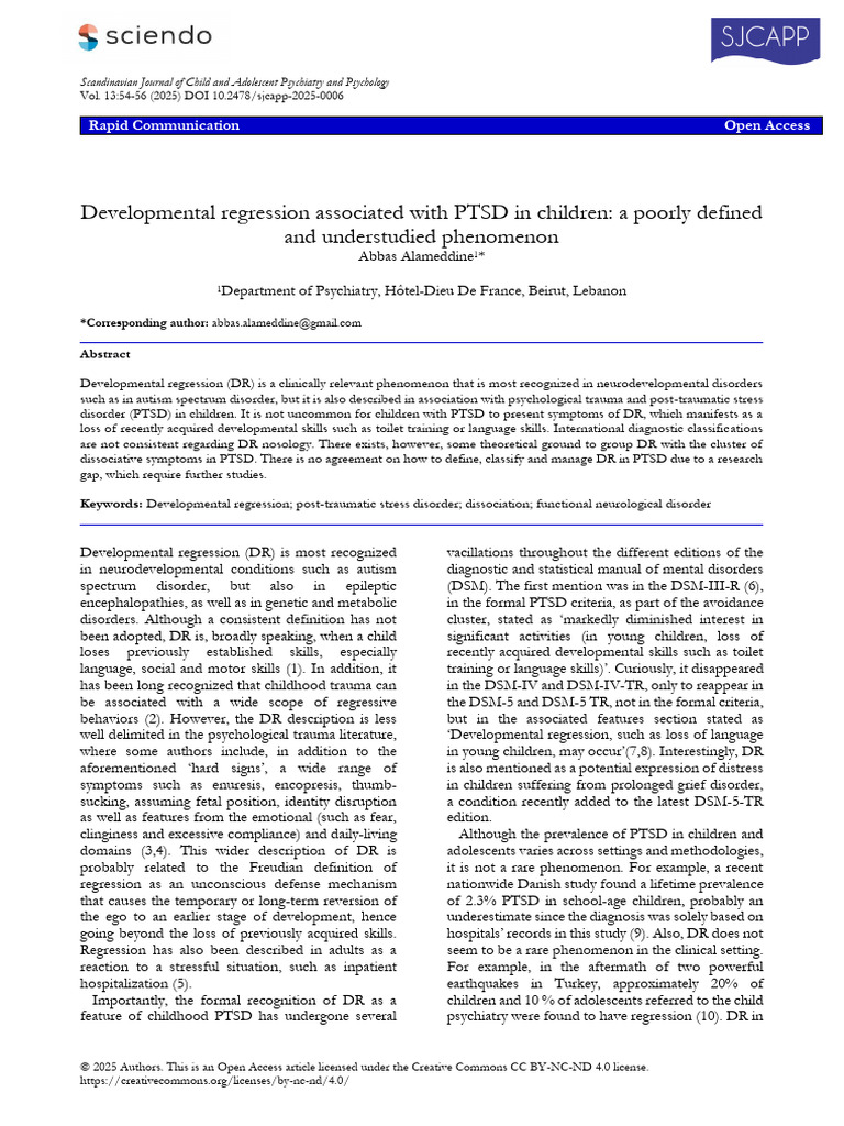 Developmental Regression Associated With PTSD in Children A Poorly ...