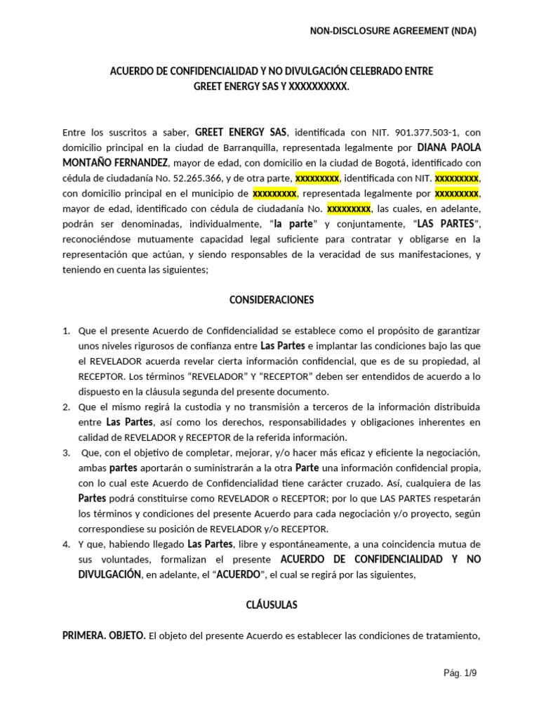 NDA General Greet Energy | PDF | Acuerdo de no divulgación | Arbitraje