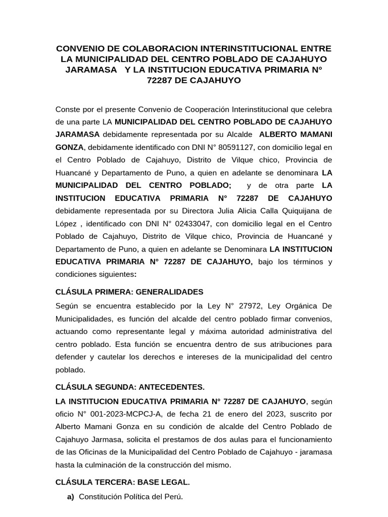 Convenio de Colaboracion Interinstitucional Entre La Municipalidad Del ...