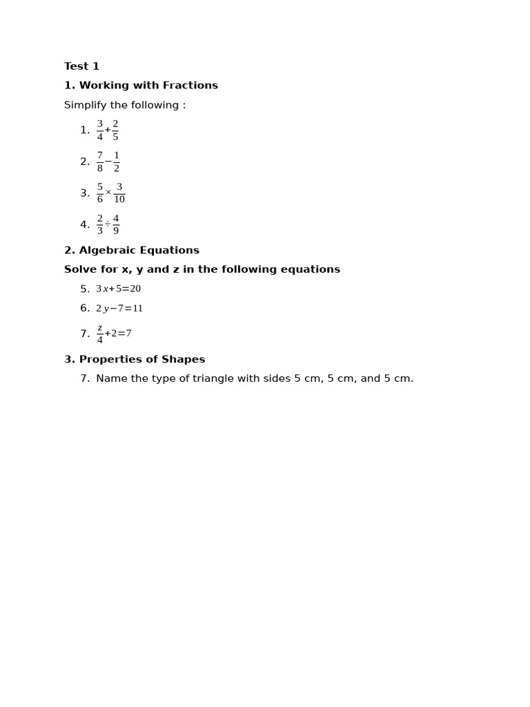 Math Practice: Fractions, Algebra, Shapes | PDF