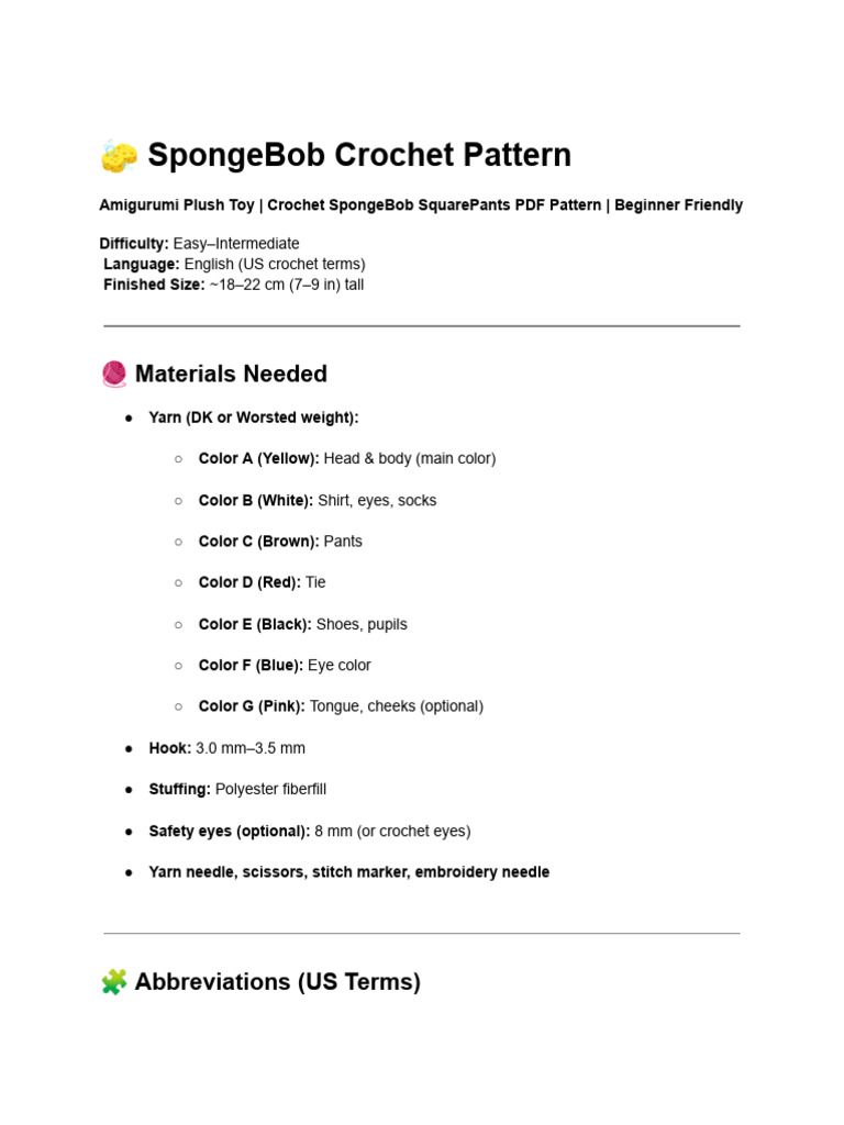Crochet SpongeBob Amigurumi Pattern | PDF | Crochet | Textile Arts