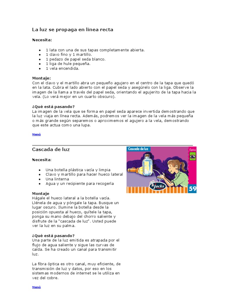 La luz viaja en línea recta: Experimentos | PDF | Arco iris | Ligero