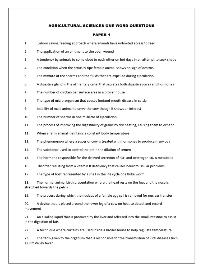 One-Word Questions in Agricultural Sciences | PDF | Cattle | Pig