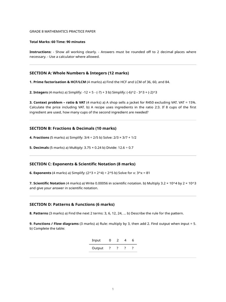 Grade 8 Math Practice Paper Guide | PDF | Nonlinear System | Exponentiation