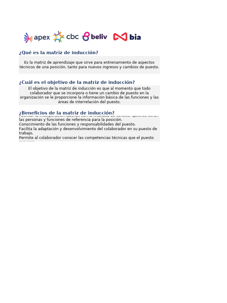 Matriz de Inducción para Nuevos Empleados | PDF