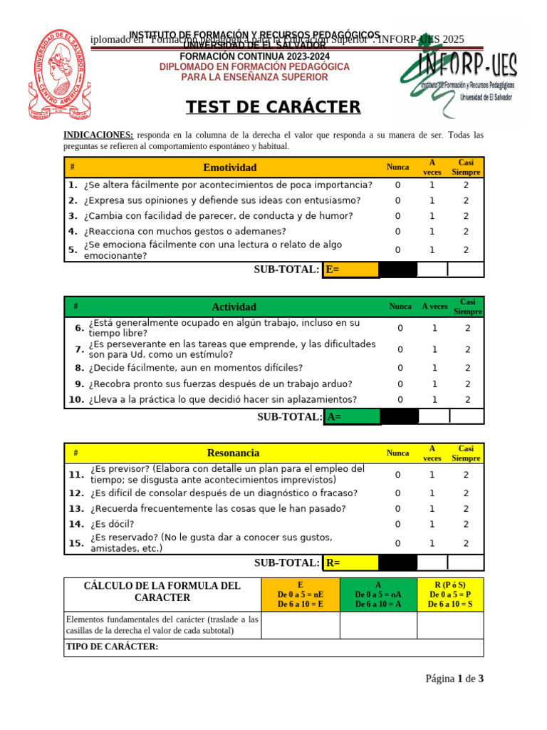 Test de Carácter para Educación Superior | PDF | Sicología | Ciencias ...
