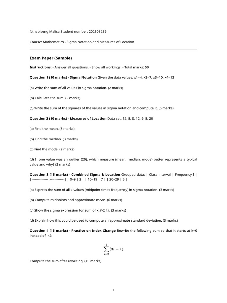 Sigma Notation & Location Measures Exam | PDF