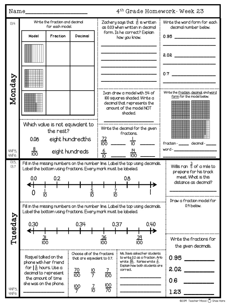4th Grade Decimal and Fraction Homework | PDF | Decimal | Number Theory