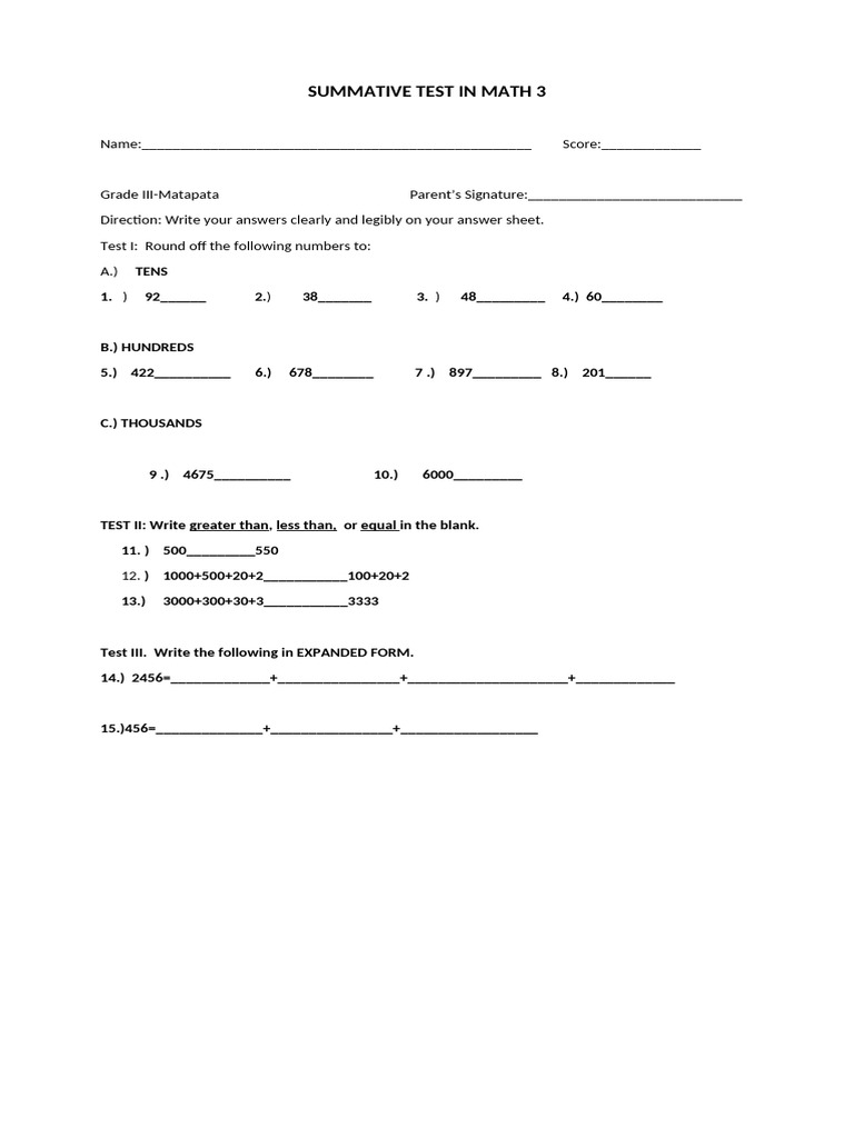 Summative Test in Math 3 | PDF