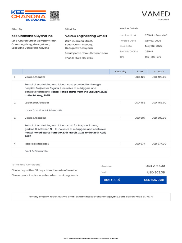 Invoice 2394r Facade 1 Kee Chanona Guyana Inc Vamed Engineering GMBH ...