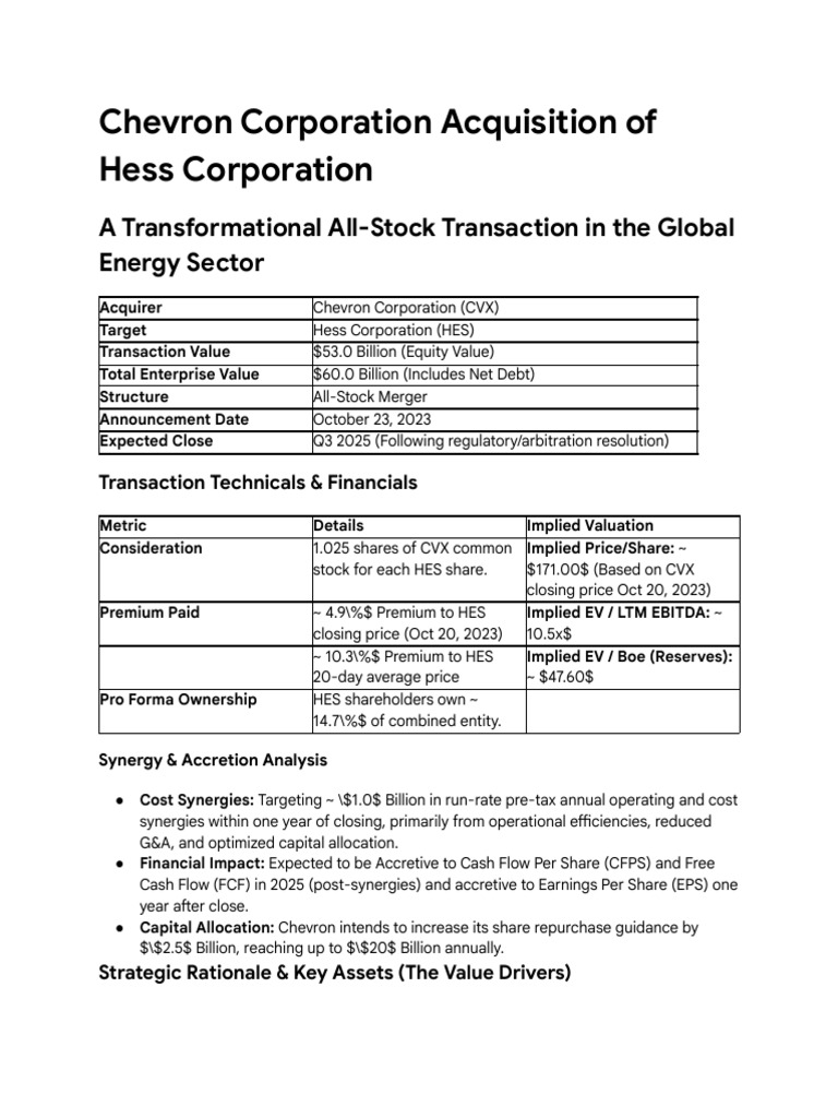 Chevron-Hess $53B Merger Overview | PDF | Mergers And Acquisitions ...