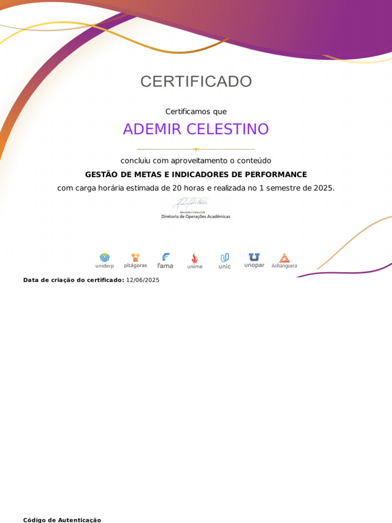 Certificado de Gestão de Metas 2025 | PDF