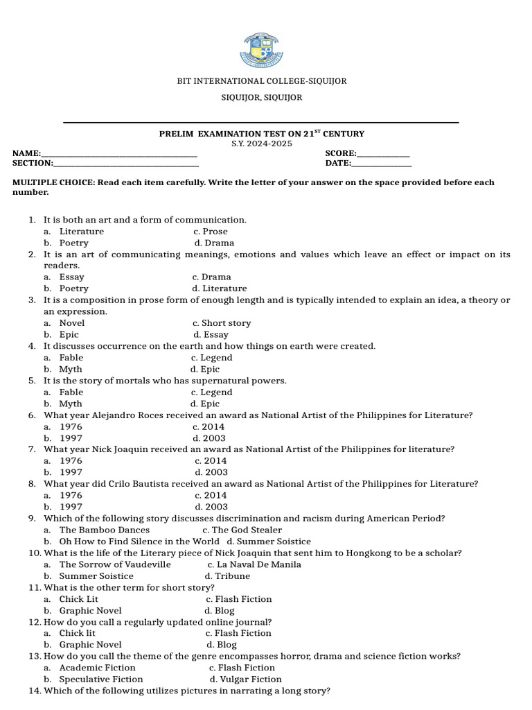 21st Century Questionnaire | PDF | Philippines | Latin American Literature