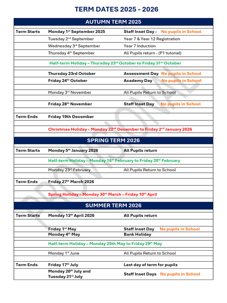TERM DATES 2025 - 2026 Updated 270625 | PDF