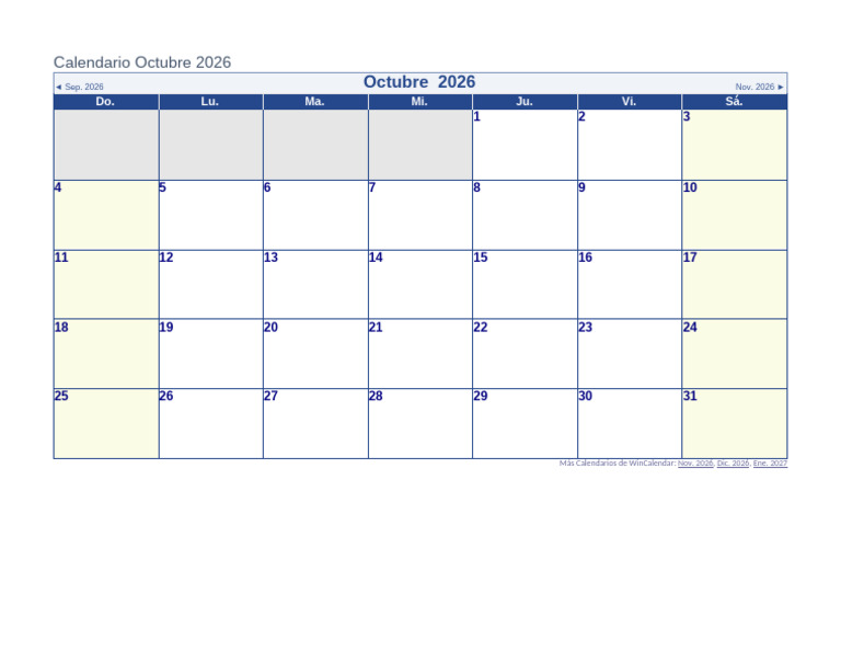 Calendario de Octubre 2026 | PDF