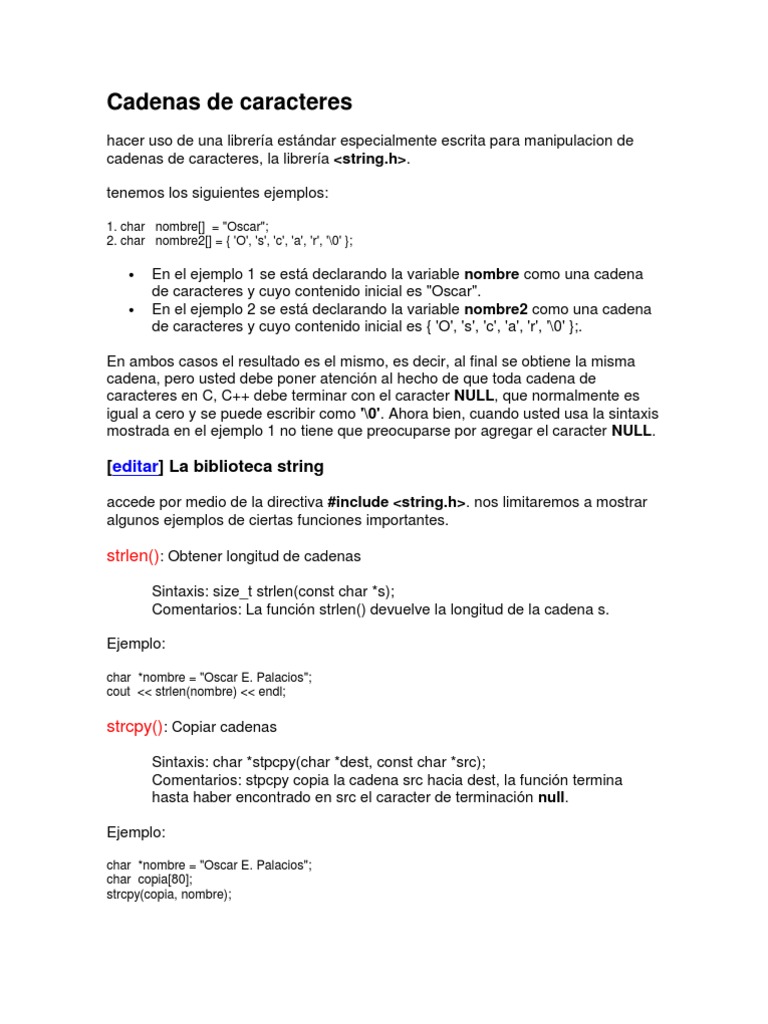 Ejemplos de cadenas en C y C++ | PDF | Cadena (informática) | C