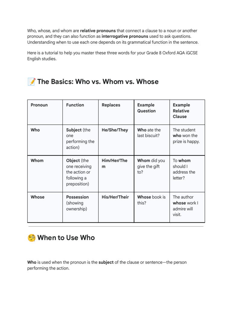 Mastering Who, Whom, and Whose | PDF | Pronoun | Linguistic Typology