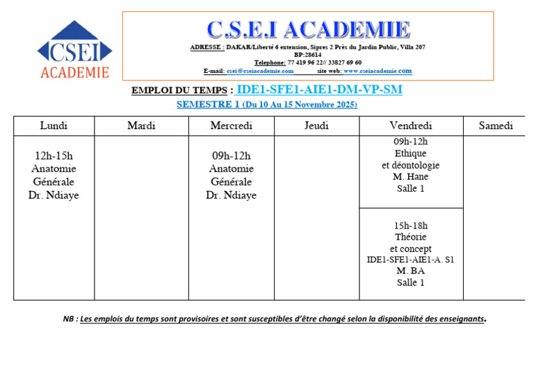 Emploi du temps IDE1 S1 - Nov 2025 | PDF