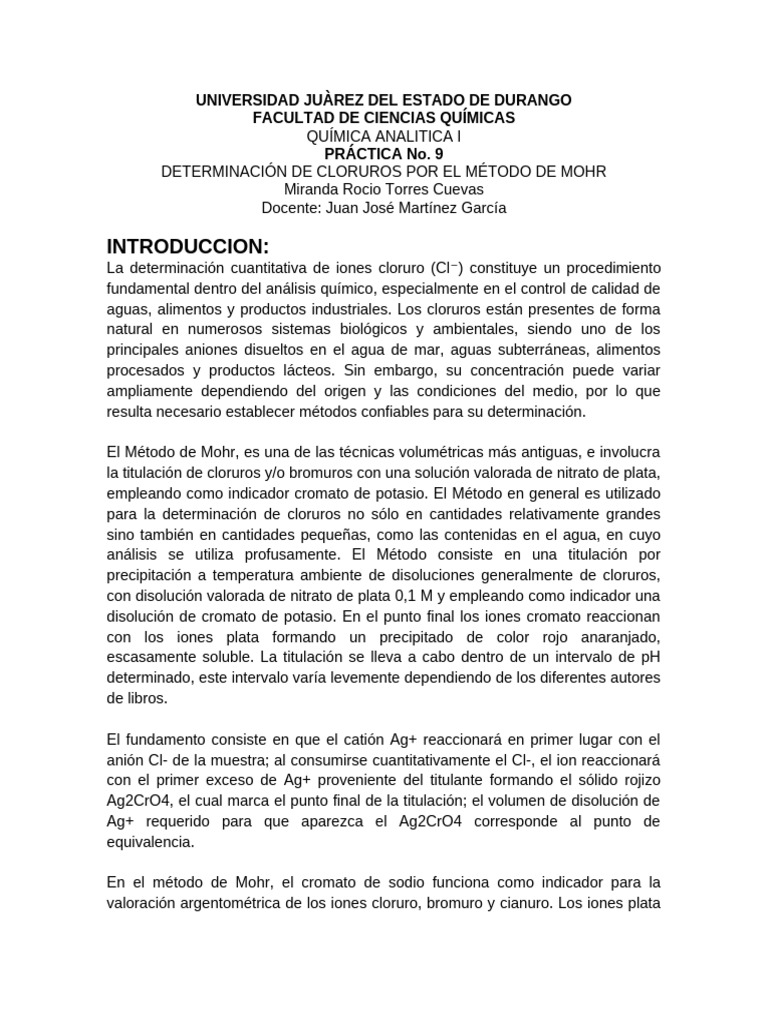 Determinación de Cloruros por Método Mohr | PDF | Valoración | Química