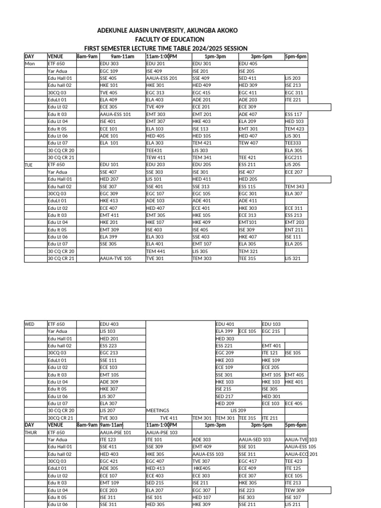 First Sem Lecture Timetable 2024 2025 | PDF