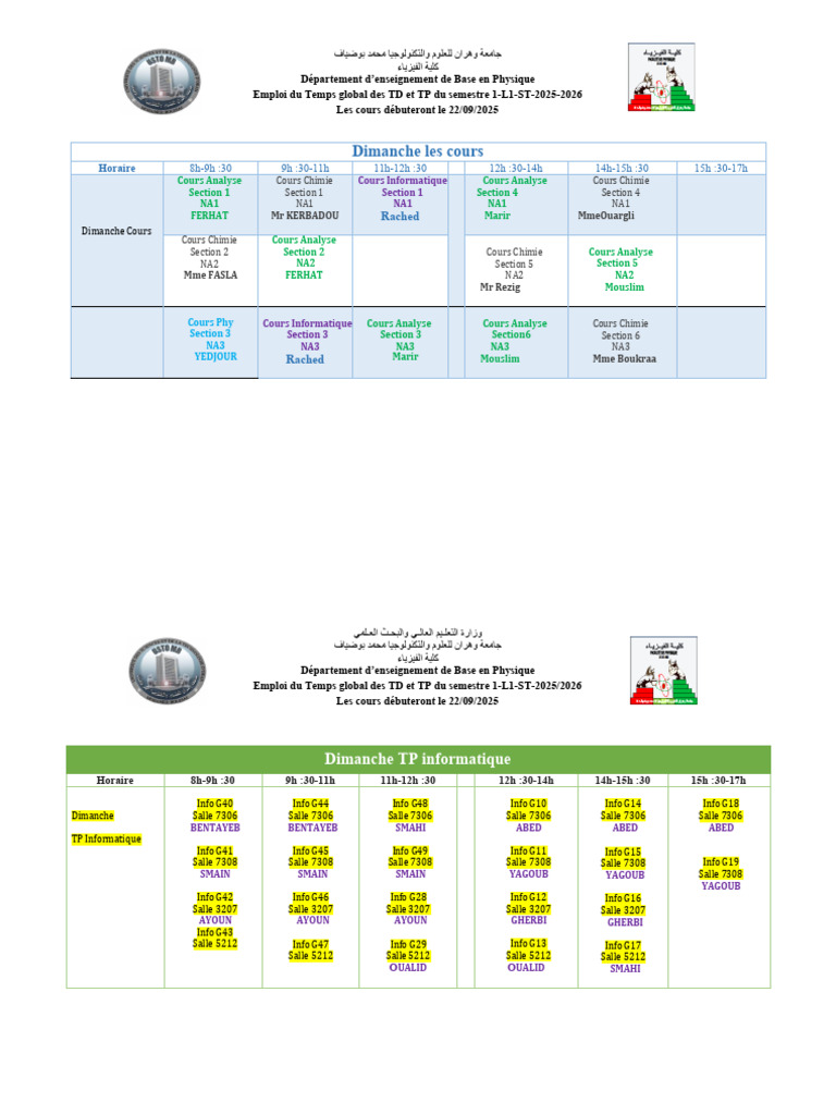 Emploi du Temps L1-ST 2025-2026 | PDF | Sciences physiques | Science de ...