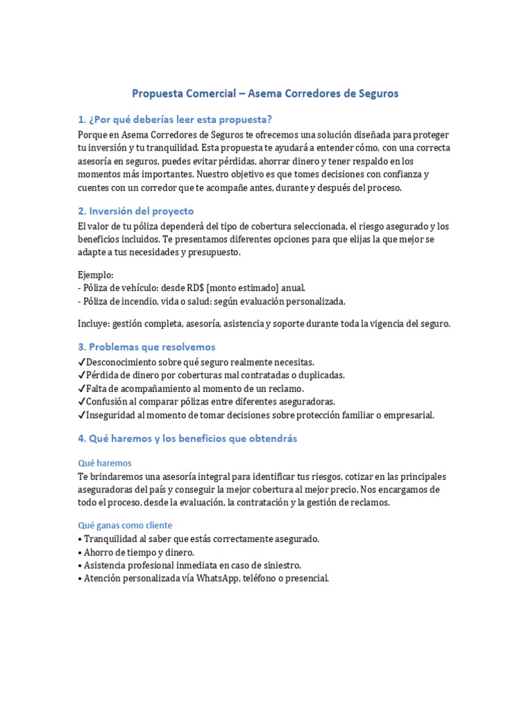Propuesta de Seguros Asema Corredores | PDF | Seguro | Póliza de seguros