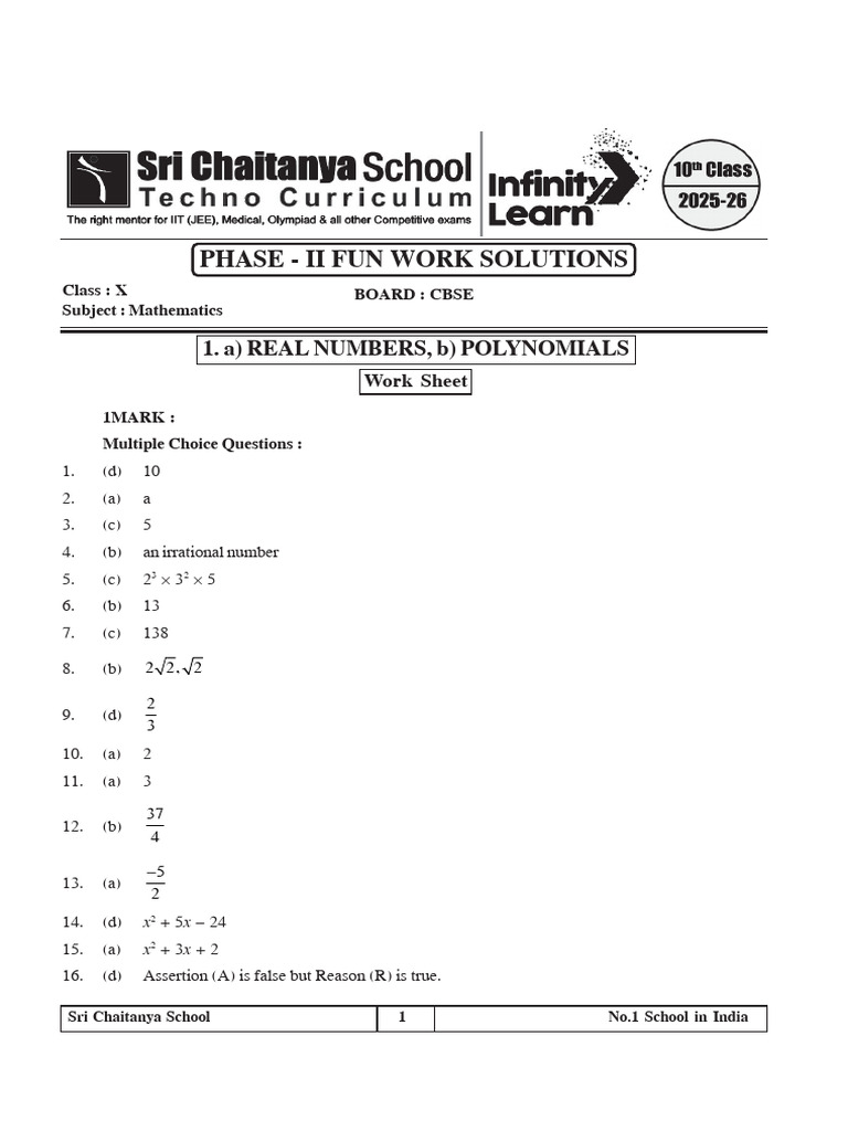 Cbse Math PH - II Fun Work Sheet - 1.a) Real Numbers, B) Polynomials ...