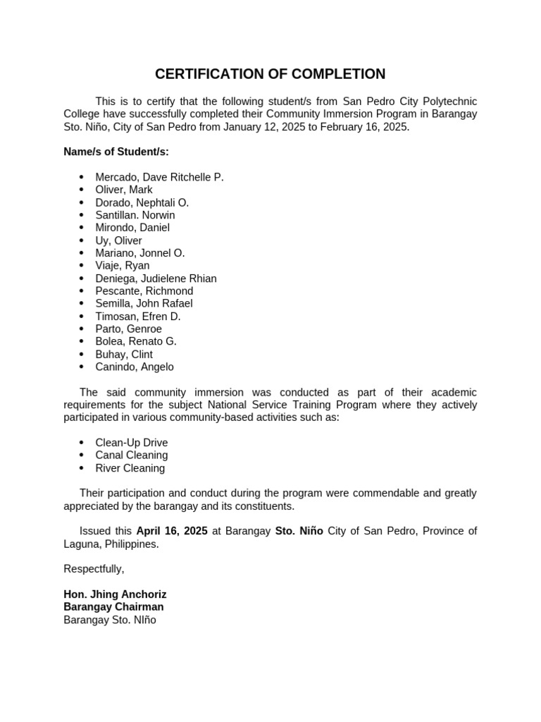 Barangay Immersion Completion Certificate | PDF