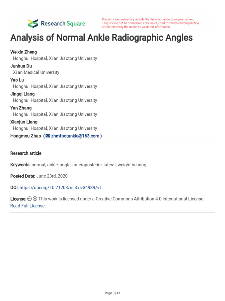 Normal Ankle Radiographic Angles Analysis | PDF | Ankle | Anatomical ...