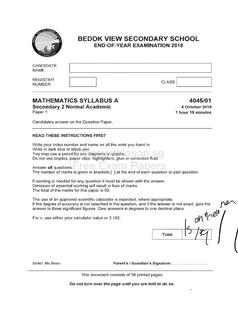 Math - Sec 2 NA - SA2 - 2018 - Bedok View Sec | PDF