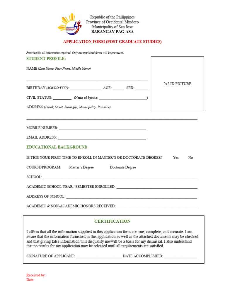 Occidental Mindoro Postgraduate Application Form | PDF
