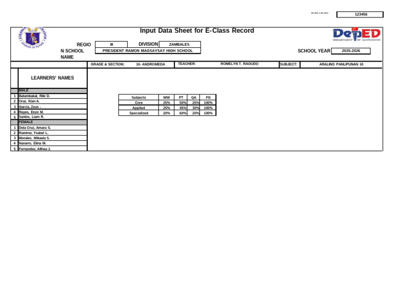 E-Class Record Input Data Sheet 2025-2026 | PDF