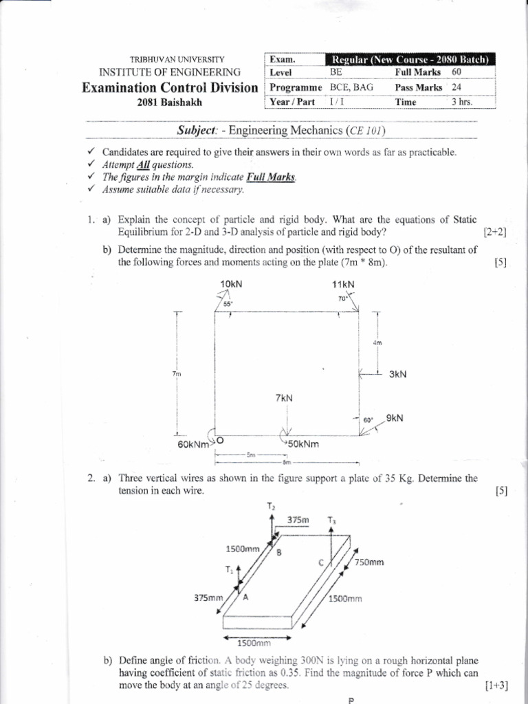 Engineering Mechanics Exam Questions | PDF | Force | Velocity