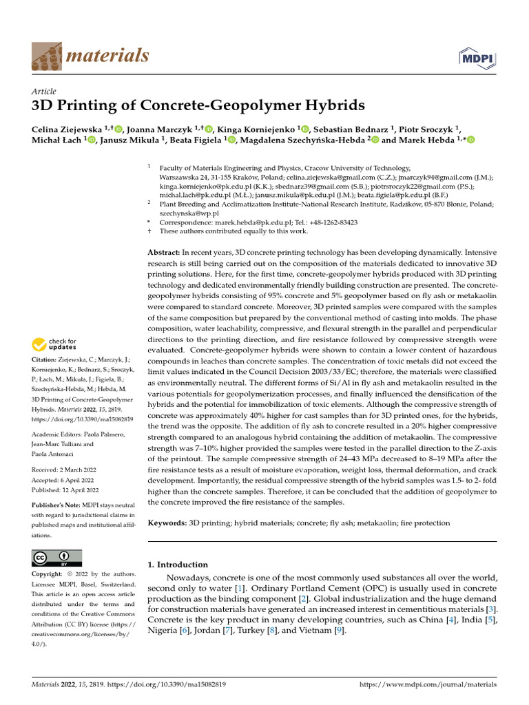 3D Printing Concrete-Geopolymer Hybrids | PDF | Cement | Physical Sciences