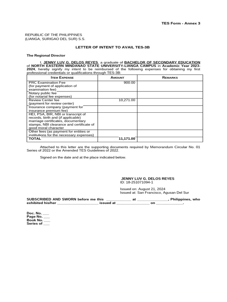 TES-3B Letter of Intent for Reimbursement | PDF