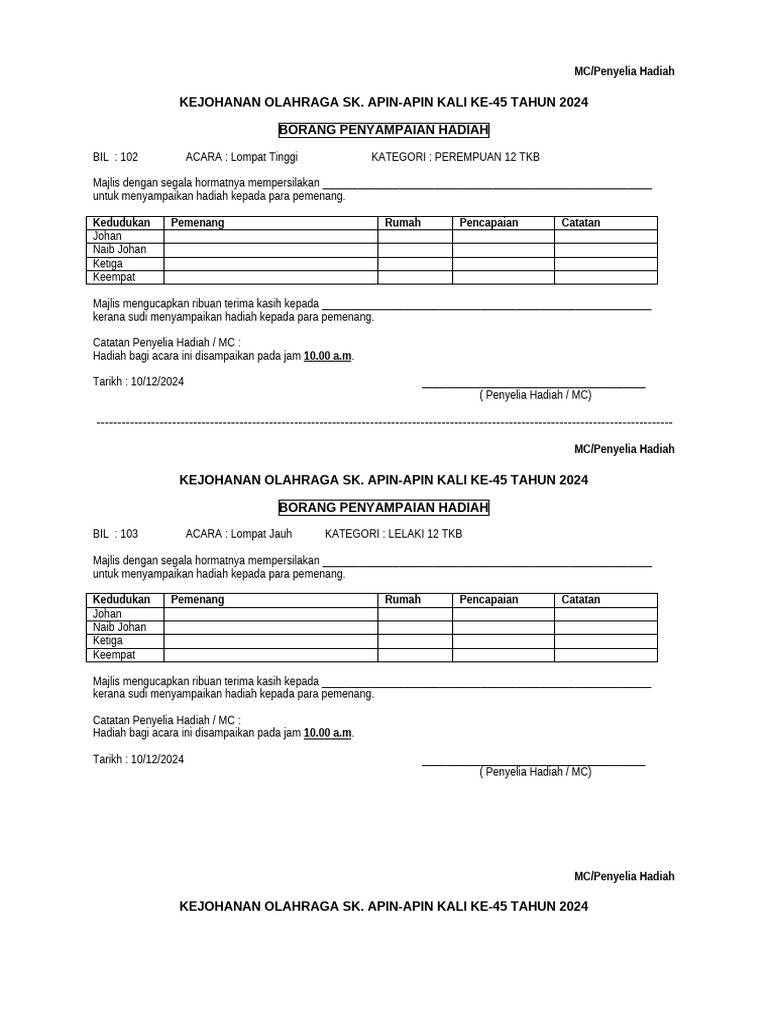 Borang Penyampaian Hadiah 102-116 Jam 10 | PDF
