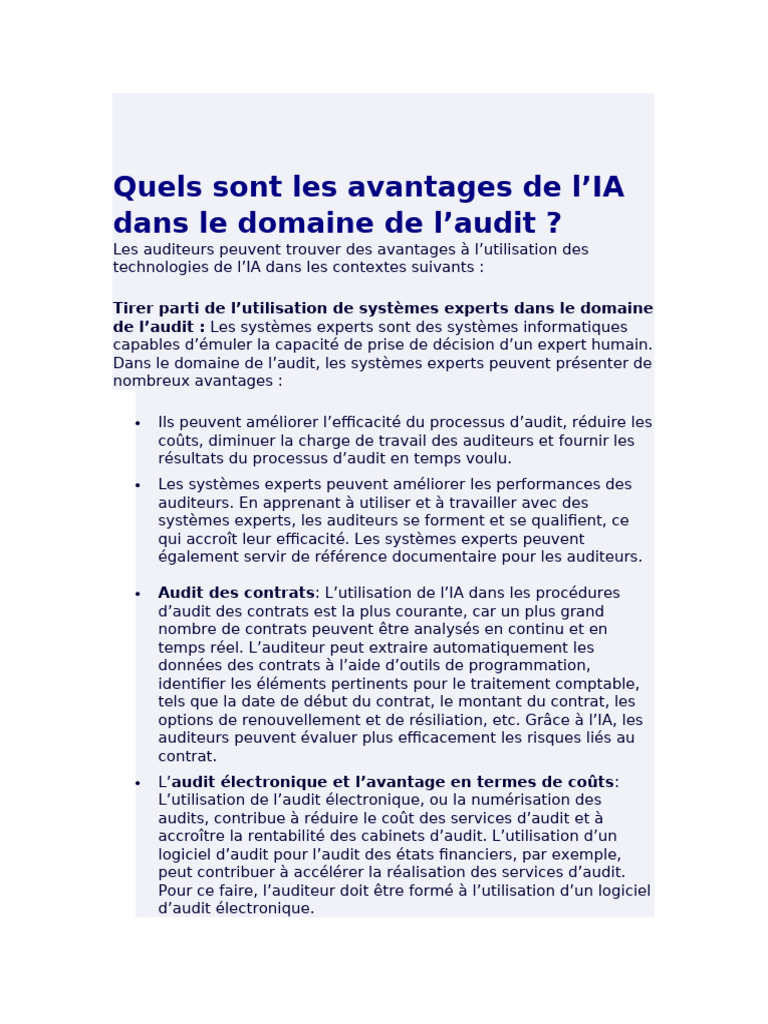 Avantages et défis de l'IA en audit | PDF | Intelligence artificielle ...