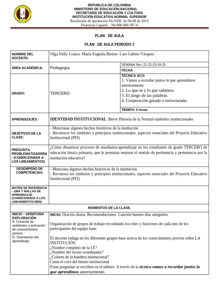 Plan de Aula para Grado Tercero en Pedagogía | PDF | Maestros | Aprendizaje
