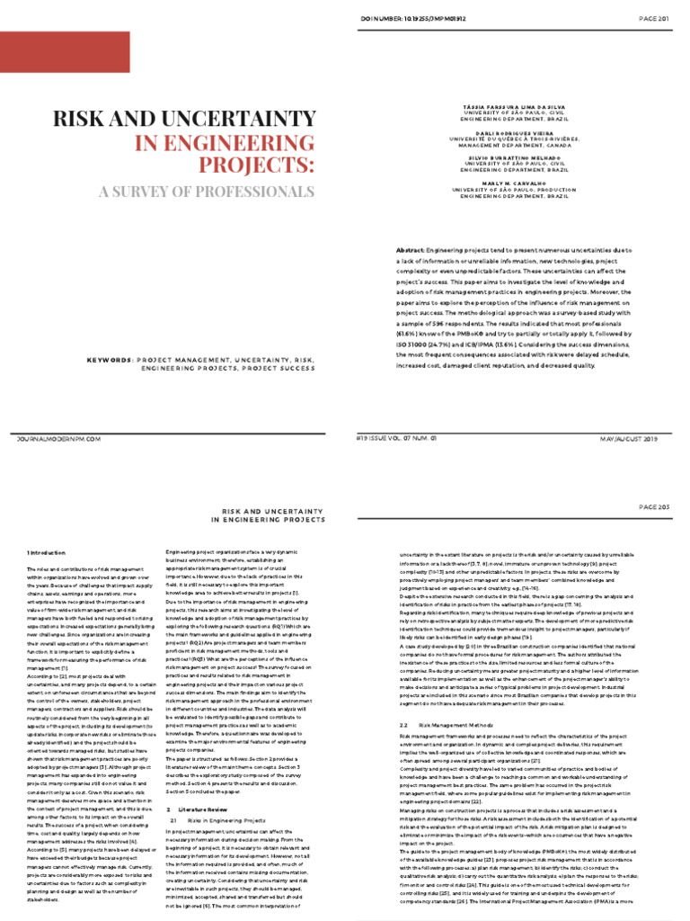 2019 - JMPM - Risk and Uncertainty in Engineering Projects | PDF | Risk ...