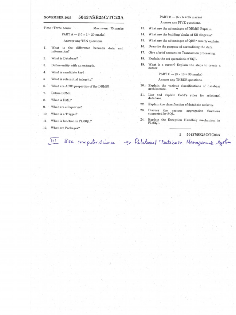 Se25c Relational Database Management System Nov 2023 1 | PDF