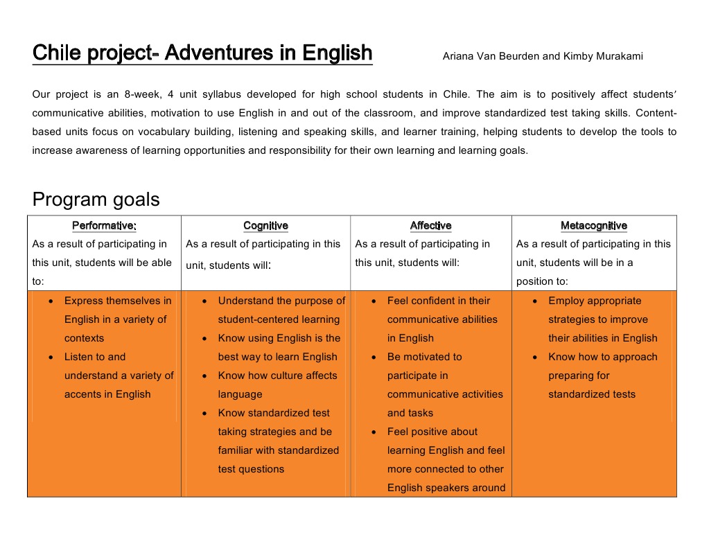 Chile Project Program Goals | PDF